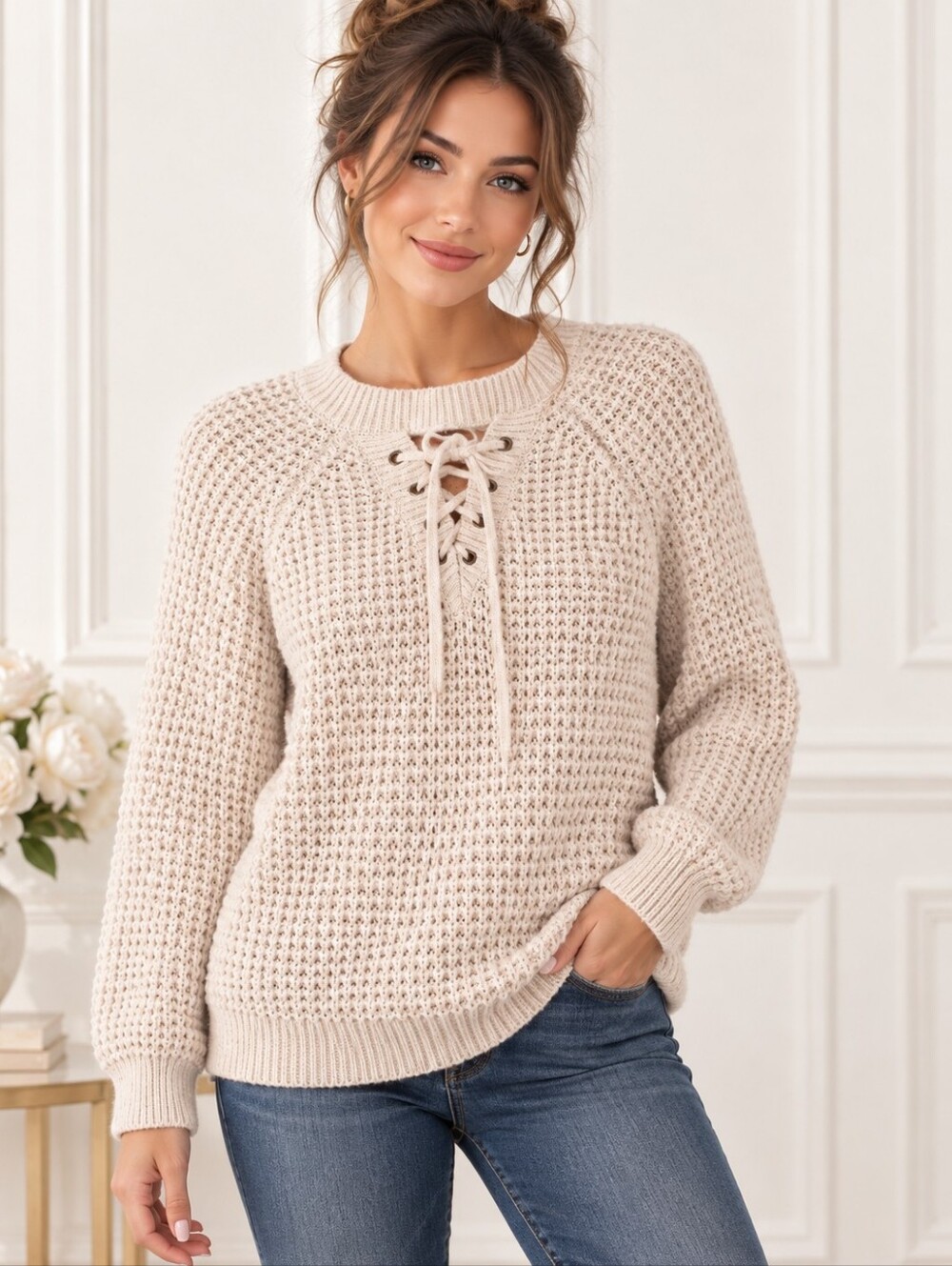 Alya | Cream Lace Up Knit Sweater | Cotton Blend | Size Medium